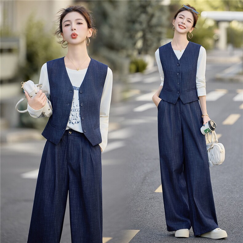 2025秋装新款时尚显瘦马甲阔腿裤套装，女装套装/套裙，曼琳思菲