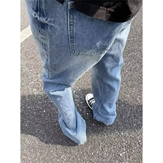 7715-P38冰蓝色闪电裂纹牛仔裤男修身cleanfit微喇裤子潮牌，男装牛仔裤，星座215-1
