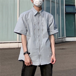 2025新款高街拉链polo翻衬衫男女宽松小众开衫短袖复古衬衣图片