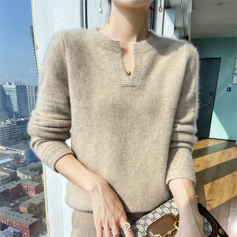 100%纯羊毛衫女25秋冬款V领加厚提花针织毛衣纯色宽松羊绒衫上衣,女装羊毛衫,宇灿羊绒