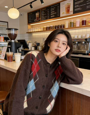 2026年秋季时尚百搭通勤简约休闲提花菱形格开衫，女装羊毛衫，美轩羊绒