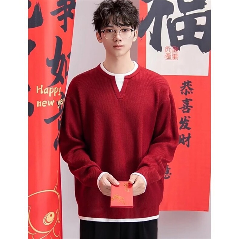 网图76323-特P65新年红色假两件V领毛线衣男本命年内搭针织衫,男装针织衫/毛衣,电商D310B