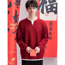 网图76323-特P65新年红色假两件V领毛线衣男本命年内搭针织衫，男装针织衫/毛衣，电商D310B
