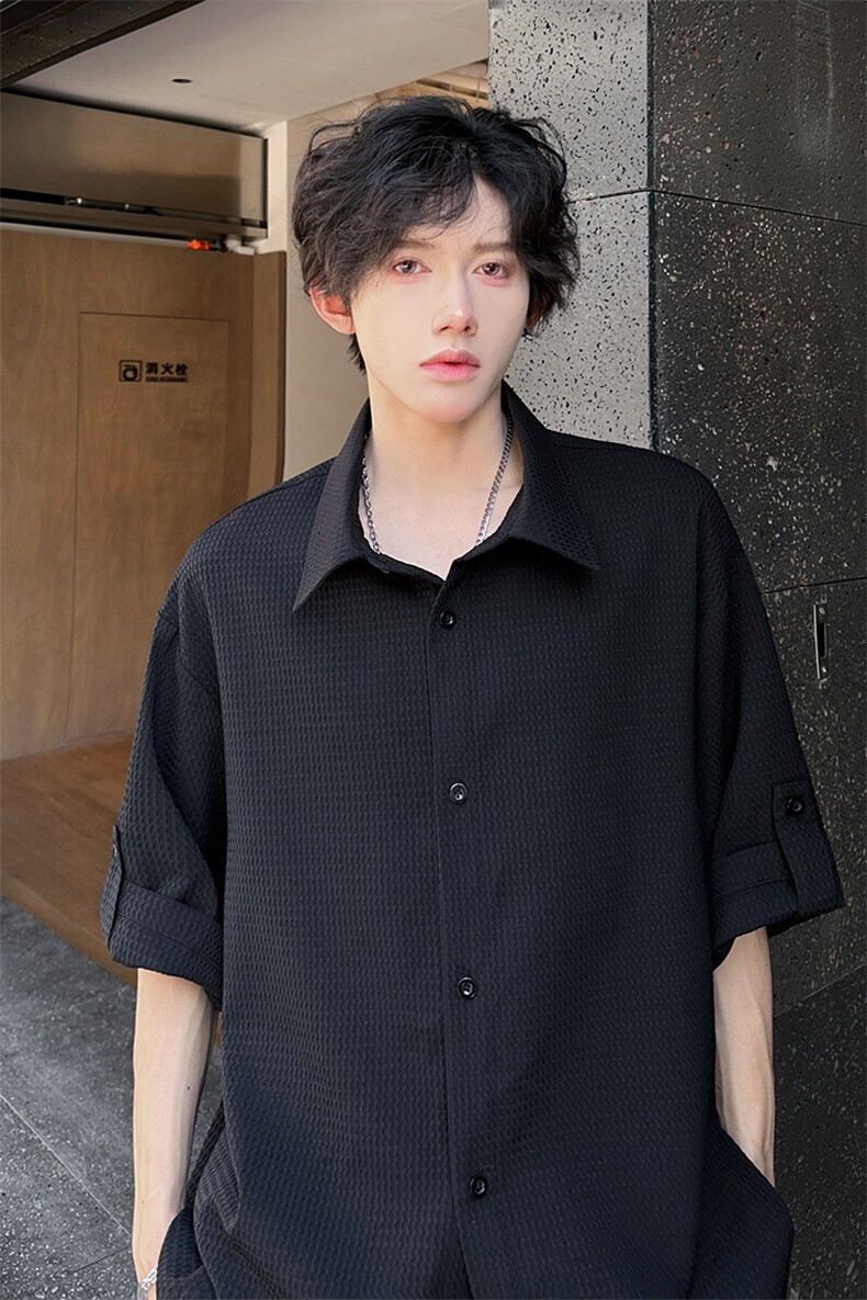 特批P30无差价2025夏季休闲华夫格五分短袖大码衬衫上衣男CD5496,男装衬衫,电商A001-1