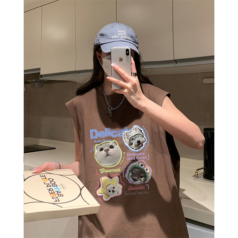 美式无袖T恤男夏季薄款慵懒风小猫咪印花背心青少年运动大码坎肩,男装背心/马甲,电商A102B