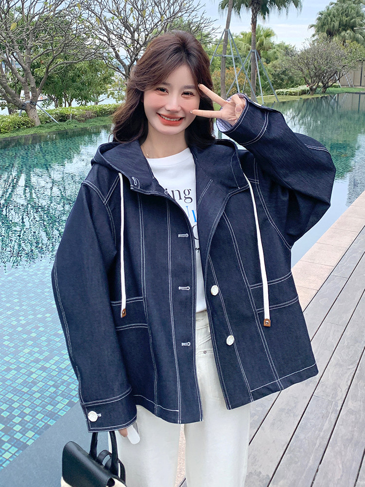 条纹拼接风衣式连帽牛仔外套女春秋2025新款超火流行超好看小个子,女装风衣,浙宝285（原212）