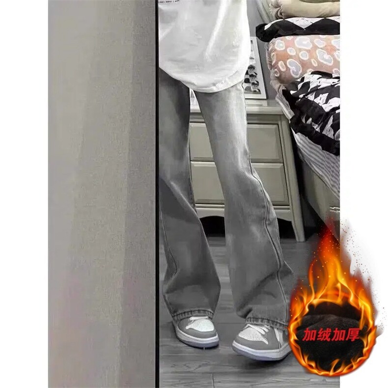 裤子高街痞帅潮牌微喇加绒牛仔裤男款弯刀修身直筒裤ANA99图片
