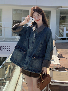 蓝色复古撞色拼接牛仔外套女2025春秋新款设计感炸街翻领夹克上衣图片
