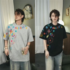 夏季手绘涂鸦印花小众设计T恤男美式圆领潮牌情侣短袖重磅五分袖图片