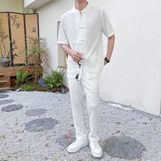 新中式盘扣休闲套装风褶皱轻薄透气T恤立领短袖两件套TZ312，男装T恤，星座305A（原312A-1）