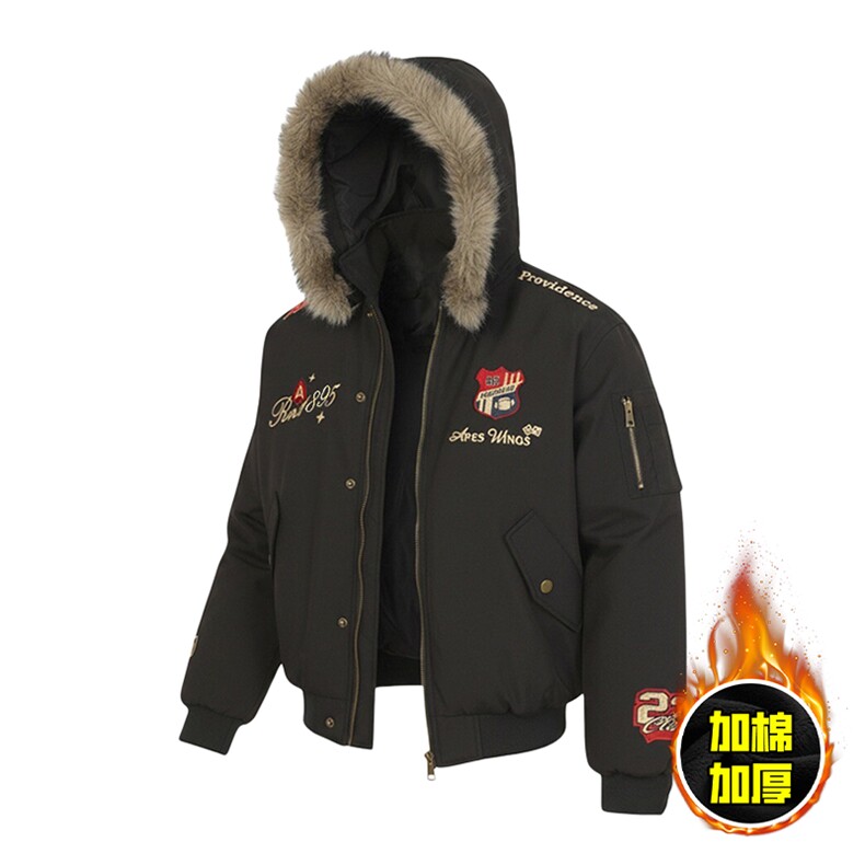 现货高品质美式高街重磅刺绣座山雕大毛毛领棉衣男女加厚棉服外套，男装棉衣，电商A486