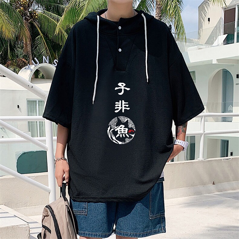 LD54070-P45 连帽短袖t恤男大码胖子带帽五分袖中袖图片