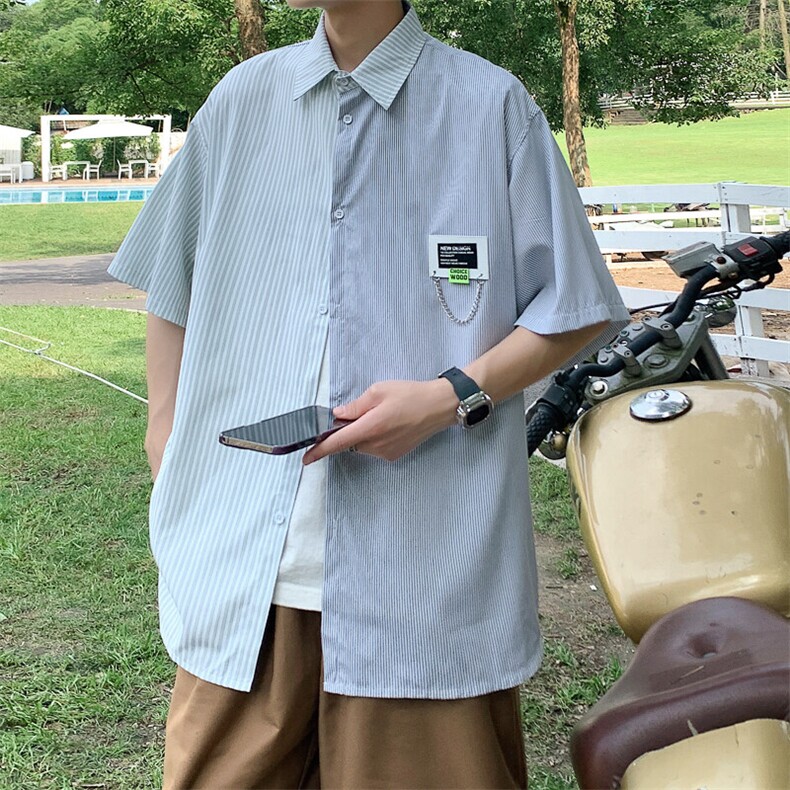 高品质全棉冰丝条纹短袖衬衫港风撞色衬衣XCS222-特P29控58,男装T恤,电商B370