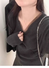 秋冬V领蕾丝花边羊毛衫女宽松显瘦针织打底衫毛衣内搭上衣时尚潮，女装针织衫/毛衣，雪真羊绒