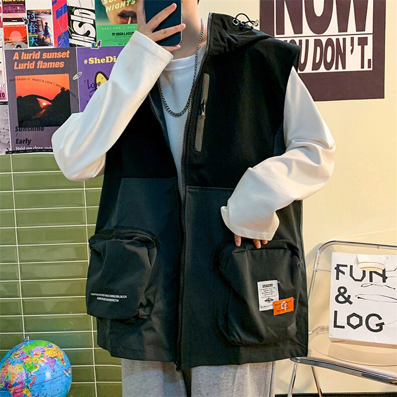 7XL~M 2021秋季新款港风文艺男连帽机能工装马甲无袖背心大码控88图片