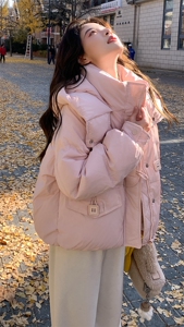 粉色小个子超好看时尚短款羽绒服女2025冬甜美学院风温柔面包服厚图片