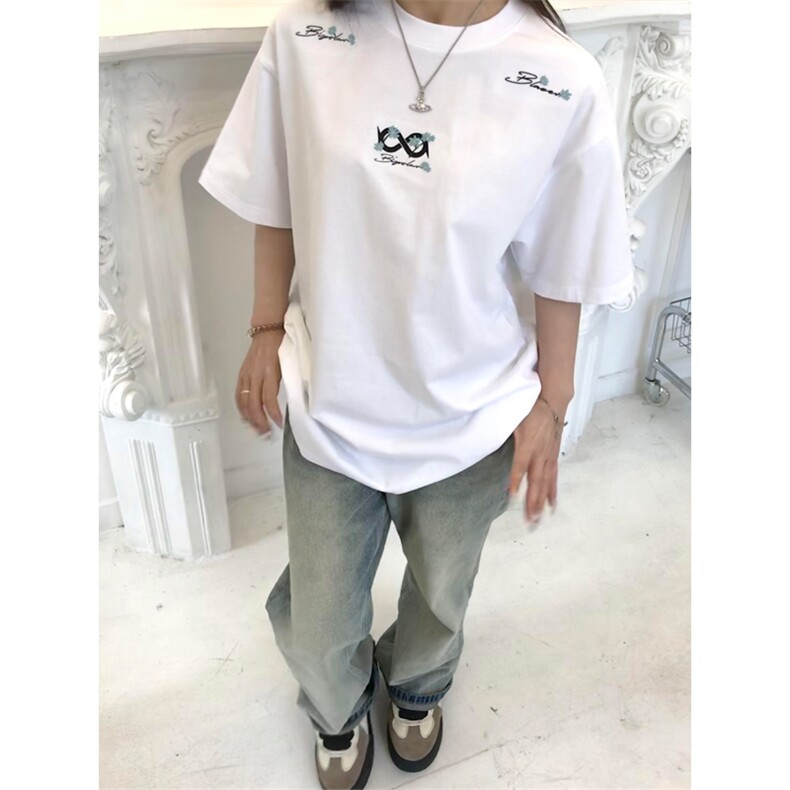 网图有货夏季字母刺绣撞色花朵短袖T恤男女情侣宽松上衣A543-P35，男装T恤，星座1505