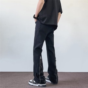 高街拉链复古微喇工装牛仔裤男女显瘦美式机能修身裤子8225/P42图片