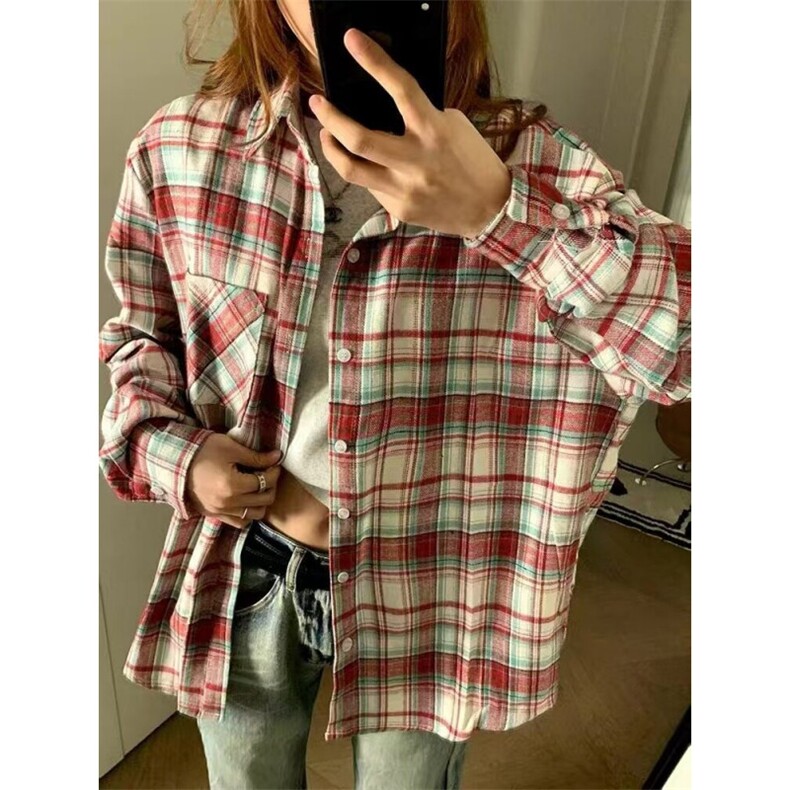 美式复古格子衬衫女款春秋2025新款设计感小众小个子防晒外套上衣,男装防晒衣,星座506A