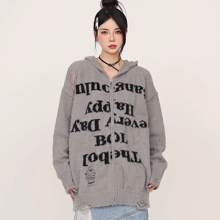 美式慵懒高街破洞连帽针织开衫毛衣宽松情侣拉链毛绒外套网络图,针织衫/毛衣,星座302B-3