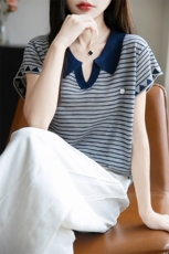 撞色翻领条纹针织小飞袖T恤女2025夏薄款显瘦Polo领短袖T恤衫上衣，女装T恤，菲奥羊绒