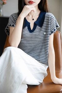 撞色翻领条纹针织小飞袖T恤女2025夏薄款显瘦Polo领短袖T恤衫上衣图片