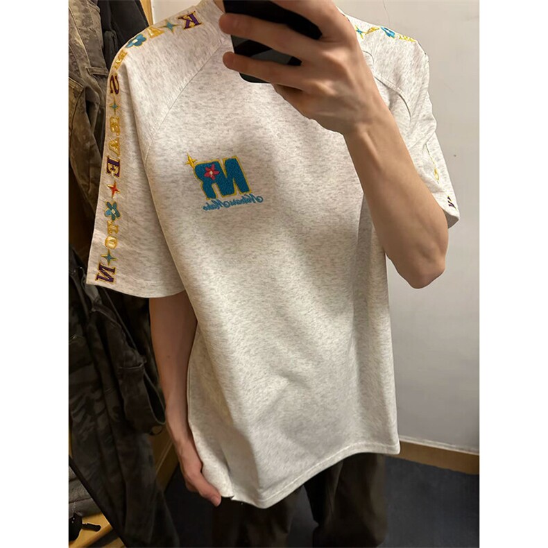 解构设计万针全刺绣工艺280克重磅高品质美式高街短袖T恤特33,男装T恤,电商A486-1