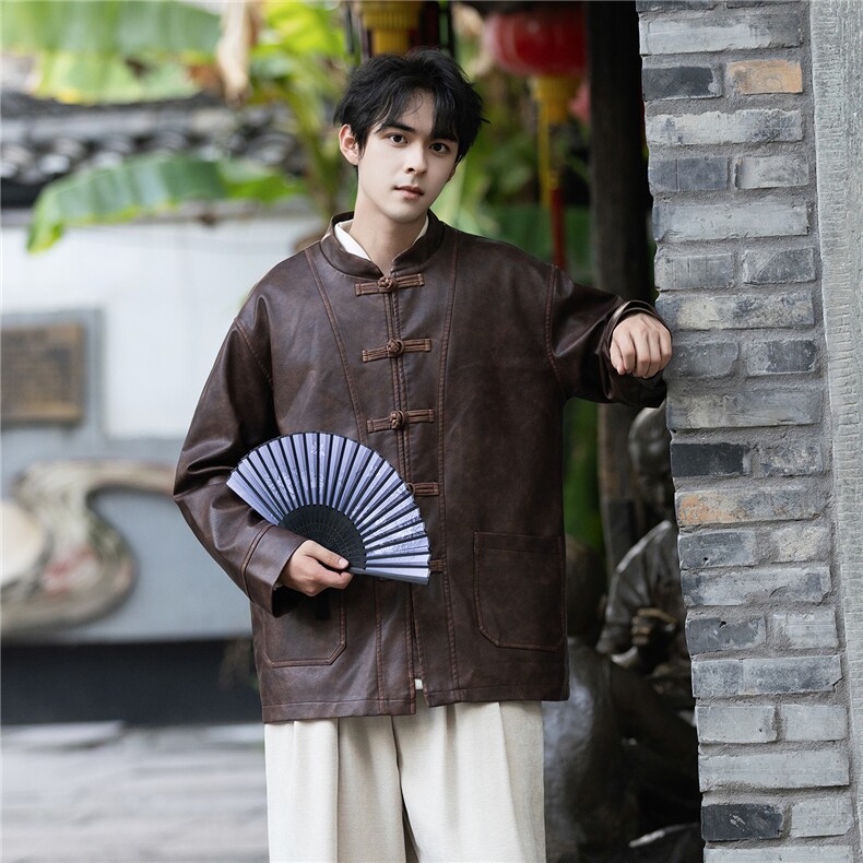 新品潮PU皮手工擦皮工艺风立领大码宽松盘扣唐装外套JK203,男装民族服装,星座305A（原312A-1）