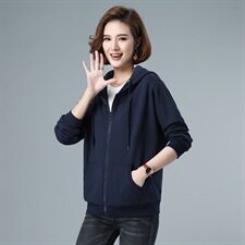 女士拉链纯棉上衣2021春秋季新款连帽纯色抽绳全棉通勤短款外套，女装短外套，伊满意