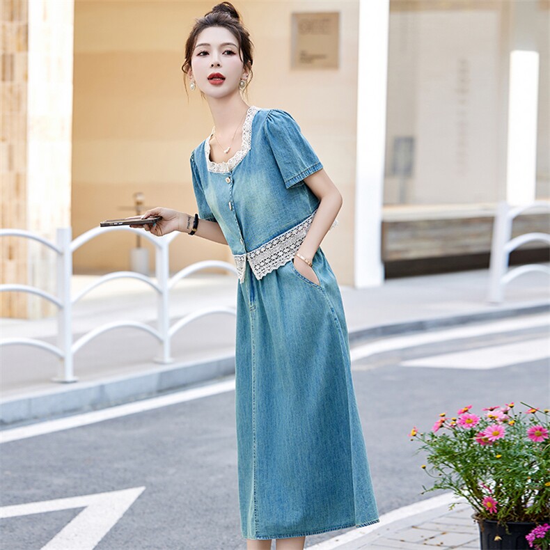 现货牛仔蕾丝花边套装裙女2024夏季新款洋气时尚复古牛仔两件套,女装套装/套裙,魅影
