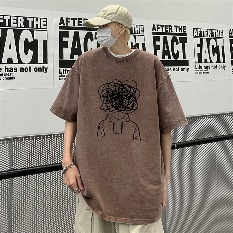 水洗做旧夏季美式复古字母印花五分袖短袖T恤XZ211-1-T7705-P38,男装T恤,星座211-1