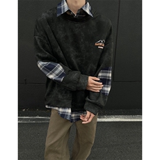 现货WY10095-P58加绒P68扎染撞色拼接格子假两件卫衣，男装卫衣，电商A059