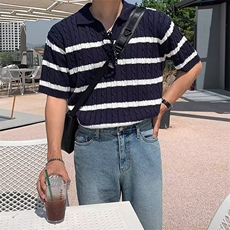 潮流ins夏白色条纹日系针织衫翻领Polo衫原宿无品牌新款日系简约，男装针织衫/毛衣，星座1210-1