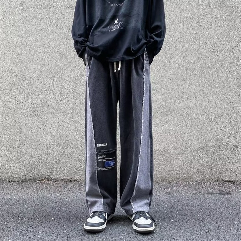 欧美高街撞色牛仔裤男阔腿裤子休闲嘻哈潮牌ins拼接长裤XK8010P45,男装牛仔裤,星座1116-2