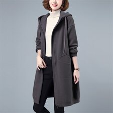 大码夹棉卫衣女士中长款遮屁股2024新款秋冬加厚拉链开衫连帽外套，女装卫衣/绒衫，莜菲儿