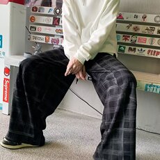 港风秋冬款男女休闲裤灯芯绒格子褶皱阔腿长裤H8080P45，男装休闲裤，星座1013-1