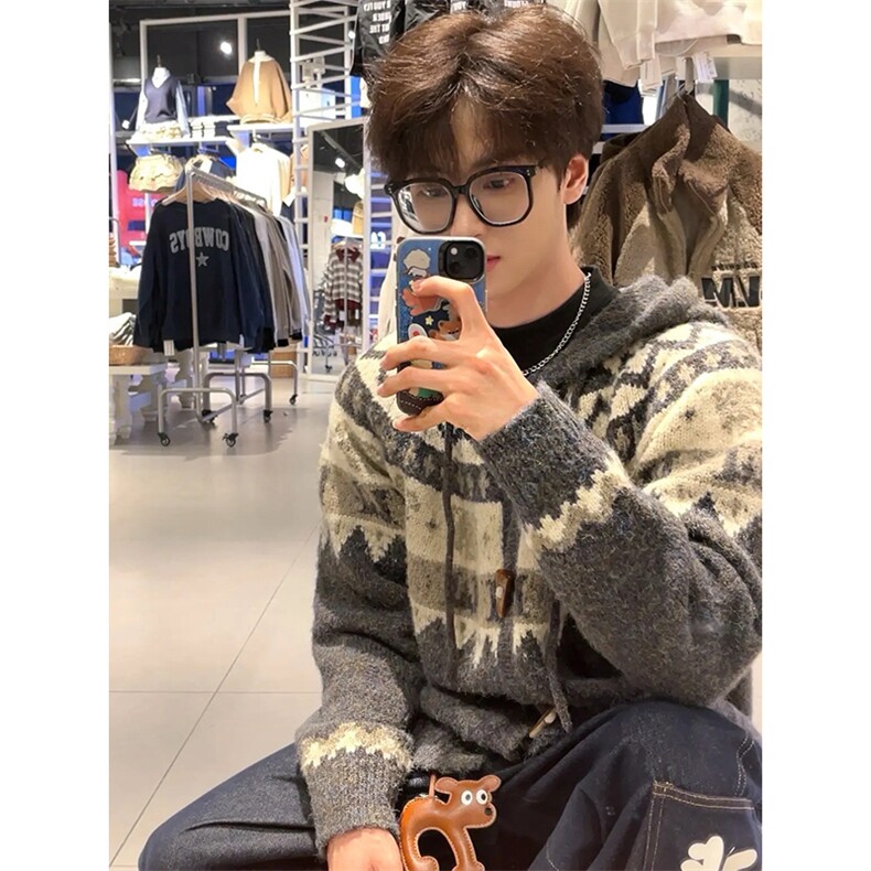 重磅秋冬北极绒开衫毛衣美式复古休闲慵懒风牛角扣针织衫连帽外套，男装针织衫/毛衣，电商A486-1