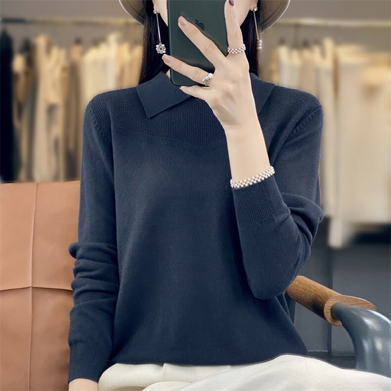 2024秋季新款韩版polo领长袖内搭打底衫女百搭修身短款针织衫,针织衫/毛衣,暖娇绒包芯纱店