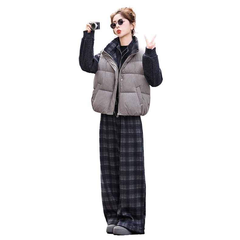 格子拼接棉马甲+立领加绒卫衣外套+加绒格纹阔腿裤休闲三件套,女装套装/套裙,采品优优