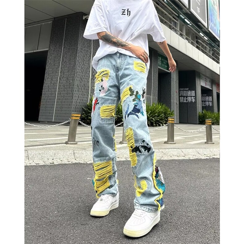 美式港风美式街头重工刺绣破洞牛仔裤男P80,男装牛仔裤,星座1116-2