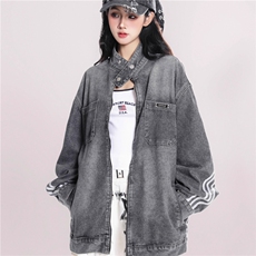 美式复古水洗做旧黑色牛仔外套女春秋新款条纹上衣，男装工装外套，星座1210-1