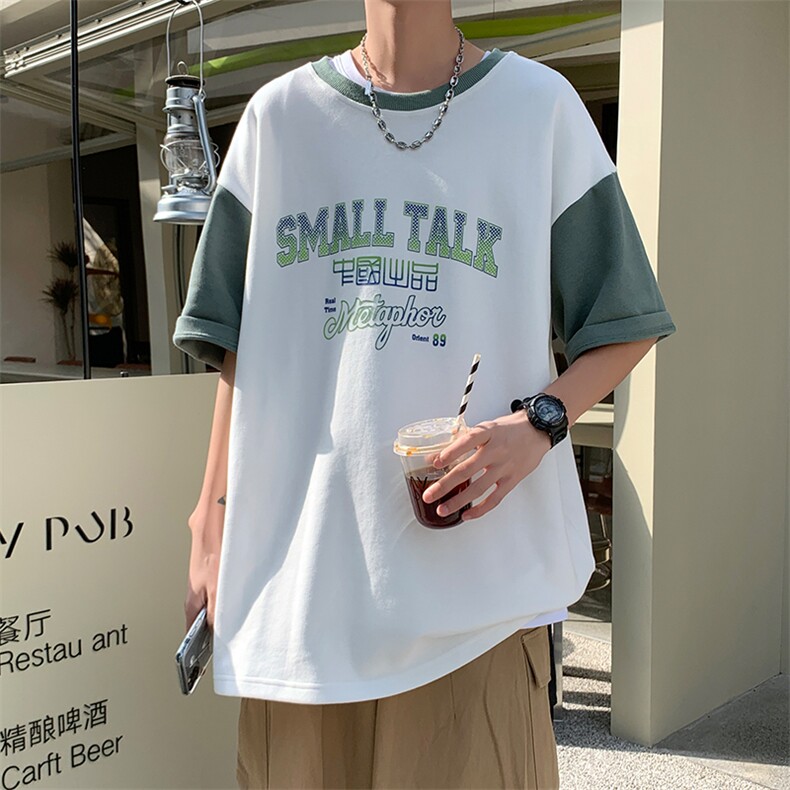 新款夏季短袖珠地面料宽松发泡印花假两件男士T恤ZDY3417-P51,男装T恤,星座717