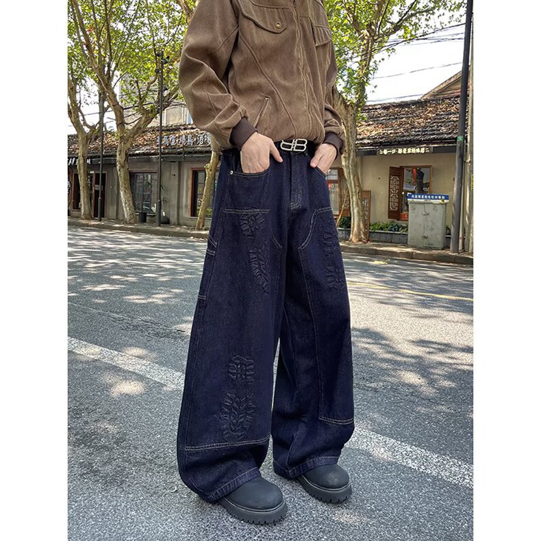 美式小众刺绣拼接重工亚比春季复古做旧微喇牛仔裤女拖地阔腿长裤,男装牛仔裤,星座218-8