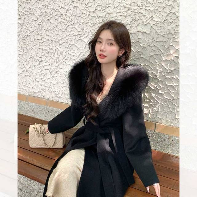 女神狐狸毛领可拆卸双面双色中长款大衣(配腰带,真狐,女装双面呢大衣,依嘟服饰