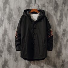 W203*水泥墙中国风男士盘扣复古夹克麒麟刺绣连帽外套灰*P95，男装风衣，星座1516（原B303）
