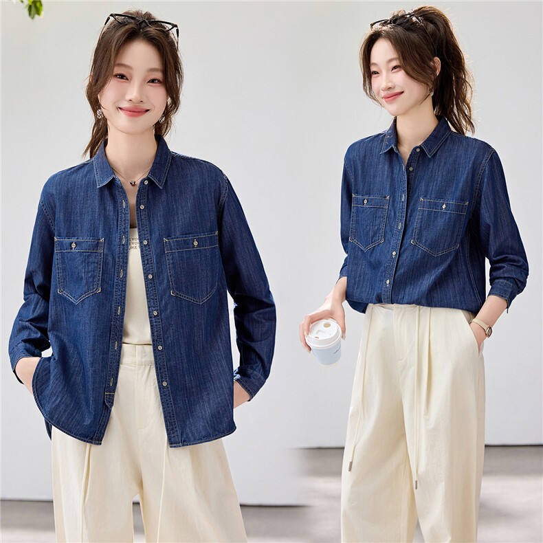2026早春新款复古蓝牛仔衬衫女宽松显瘦双口袋衬衣百搭叠穿韩系，女装衬衫，艾米