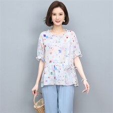 苎麻短袖t恤女夏装2022新款时尚宽松显瘦小衫休闲小个子妈妈上衣，女装衬衫，奕阳依阁
