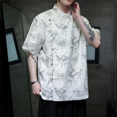 中式2024真棉麻斜门襟风复古汉服盘扣立领短袖衬衫CS35-P65，男装衬衫，电商A021