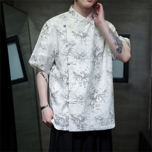 中式2024真棉麻斜门襟风复古汉服盘扣立领短袖衬衫CS35-P65图片
