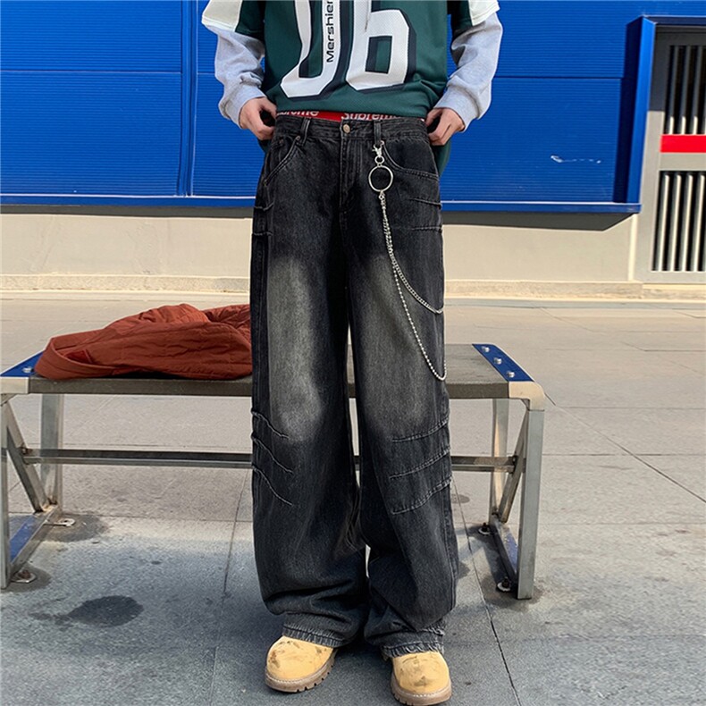 抓痕做旧牛仔裤男女春秋美式高街宽松休闲小众复古水洗直筒阔腿裤,男装牛仔裤,星座1210-1